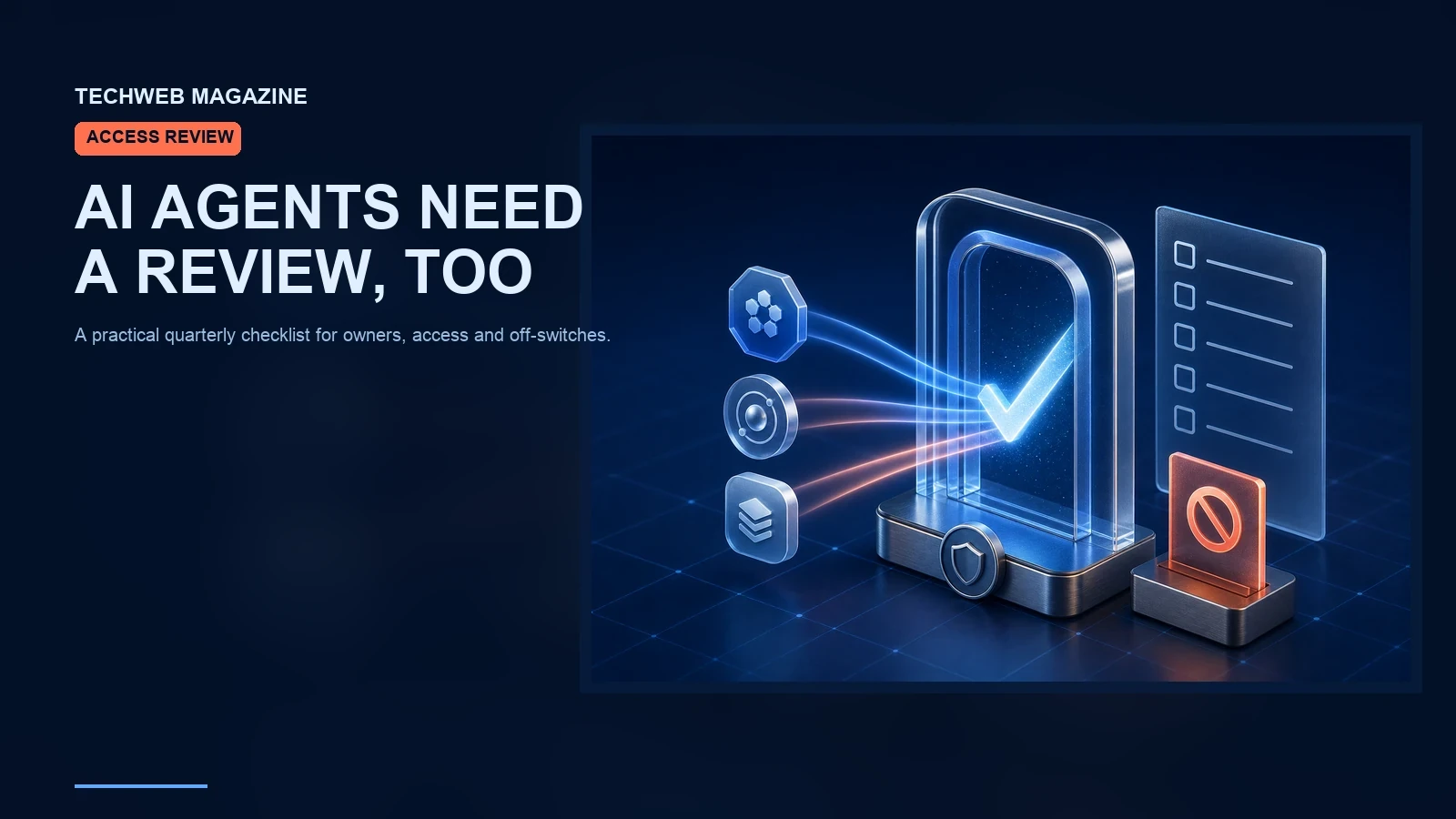 TechWeb Magazine visual showing a secure access gateway, a checklist and distinct connected service identities