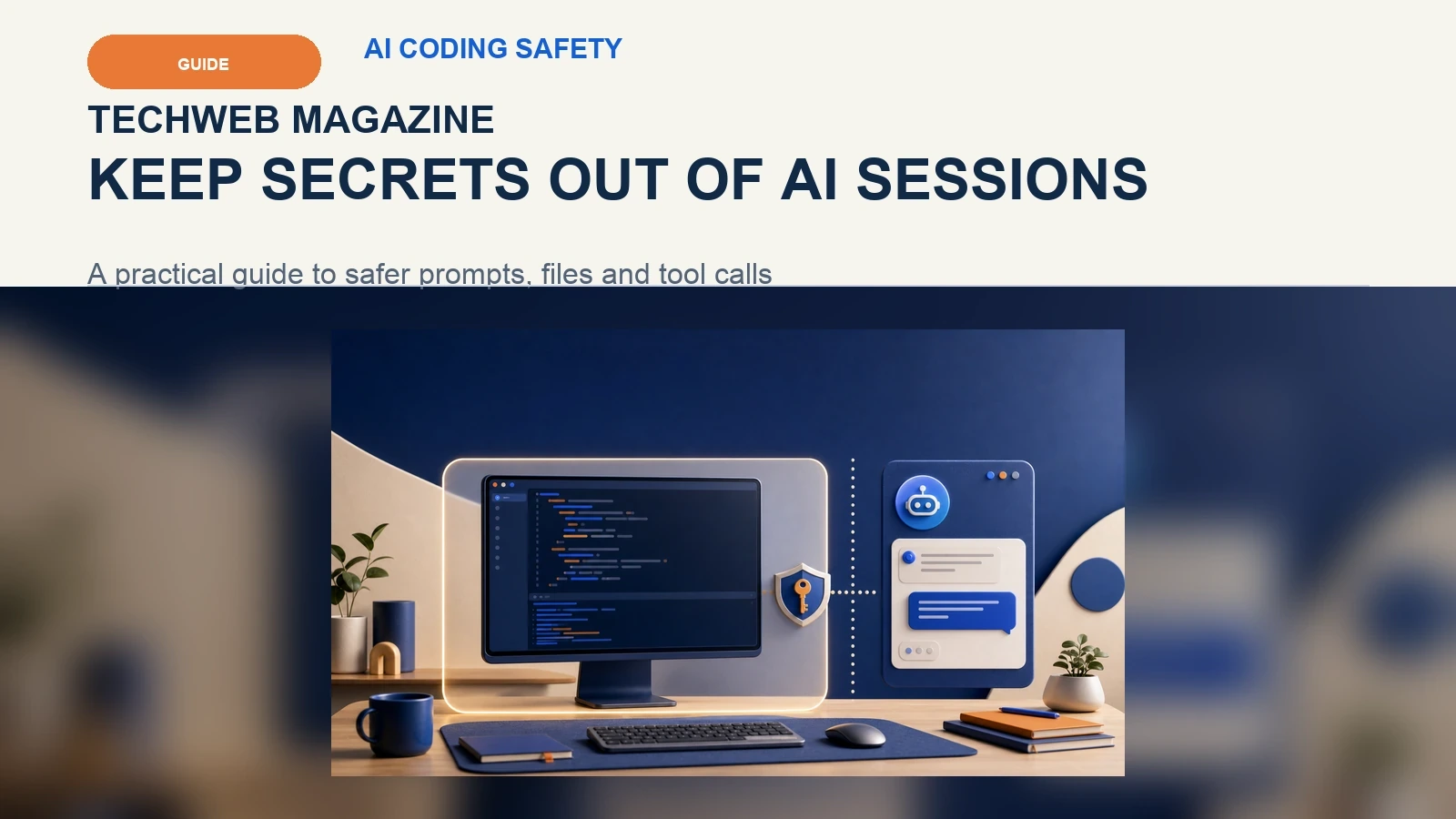 TechWeb Magazine visual showing a developer workstation, a protected key and a separate AI coding panel