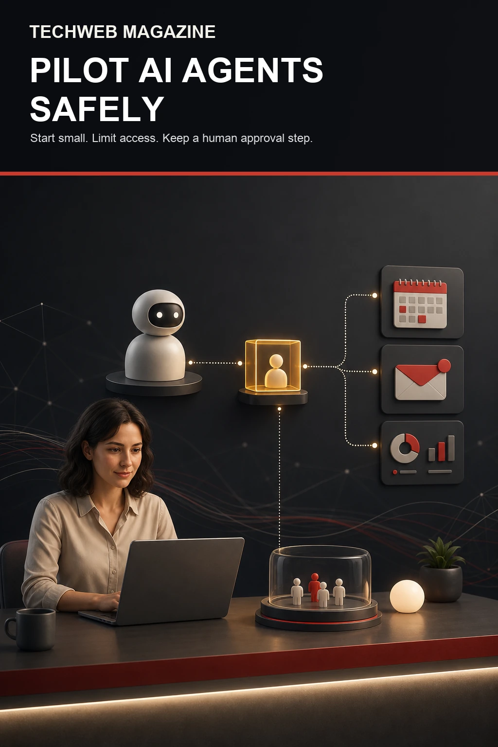 TechWeb Magazine visual showing a human reviewing an AI agent before it connects to business tools