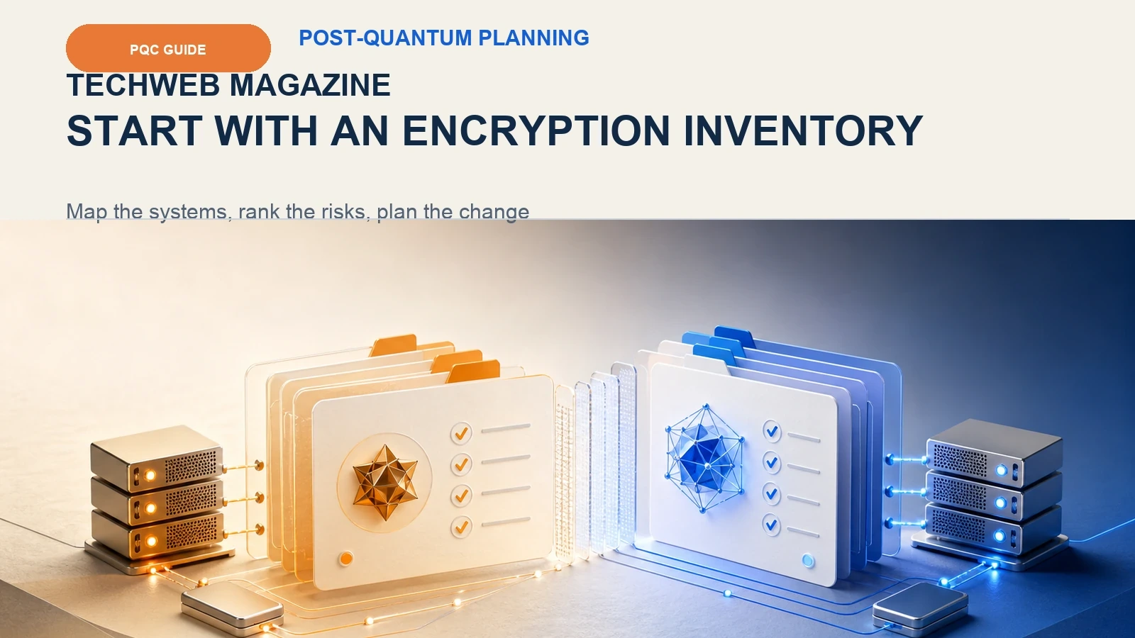 TechWeb Magazine visual showing an organised encryption inventory moving from legacy keys to a post-quantum lattice