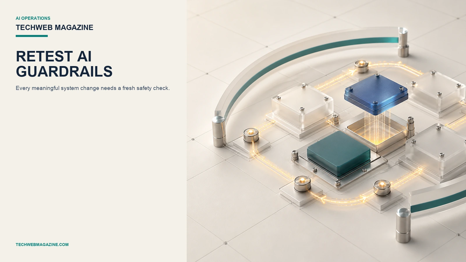 TechWeb Magazine visual showing an AI safety control loop being tested after a system change