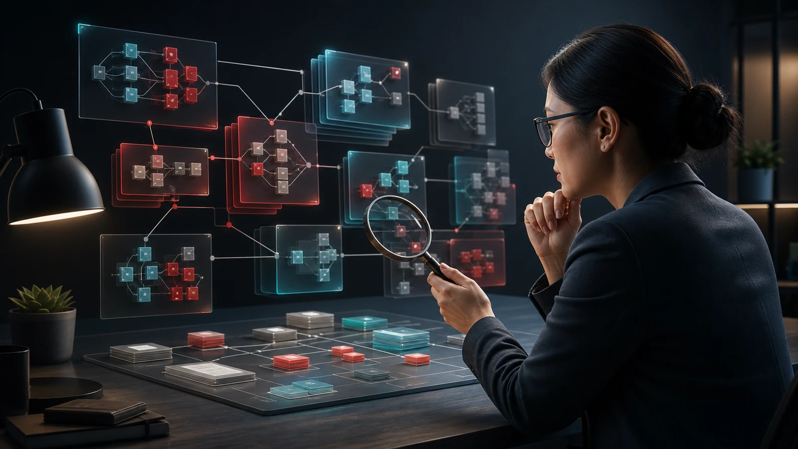 Technology buyer inspecting an abstract software dependency map with a magnifying glass