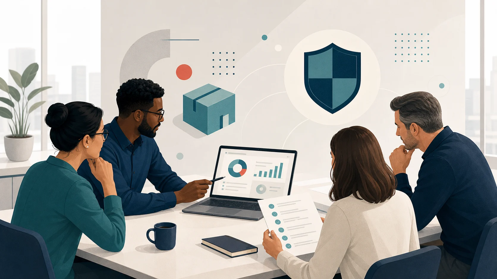 A business team reviewing a software vendor security checklist beside a dashboard and shield symbol