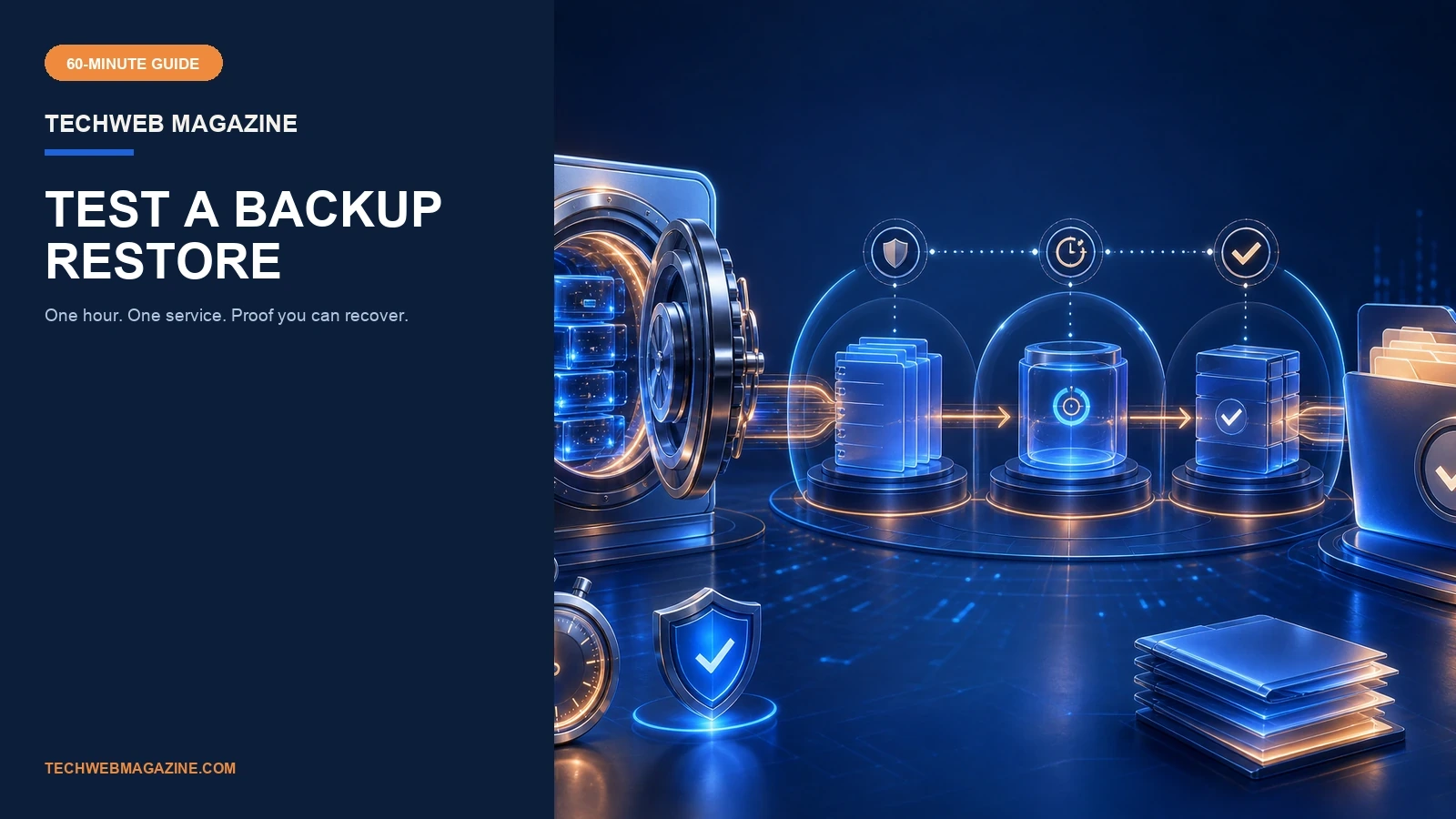 TechWeb Magazine visual showing a backup moving through a timed restore test to a verified result