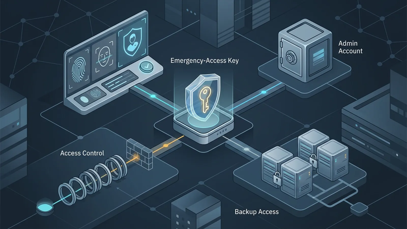 Emergency security key and recovery instructions inside a glass cabinet, with a separate path to a cloud control panel