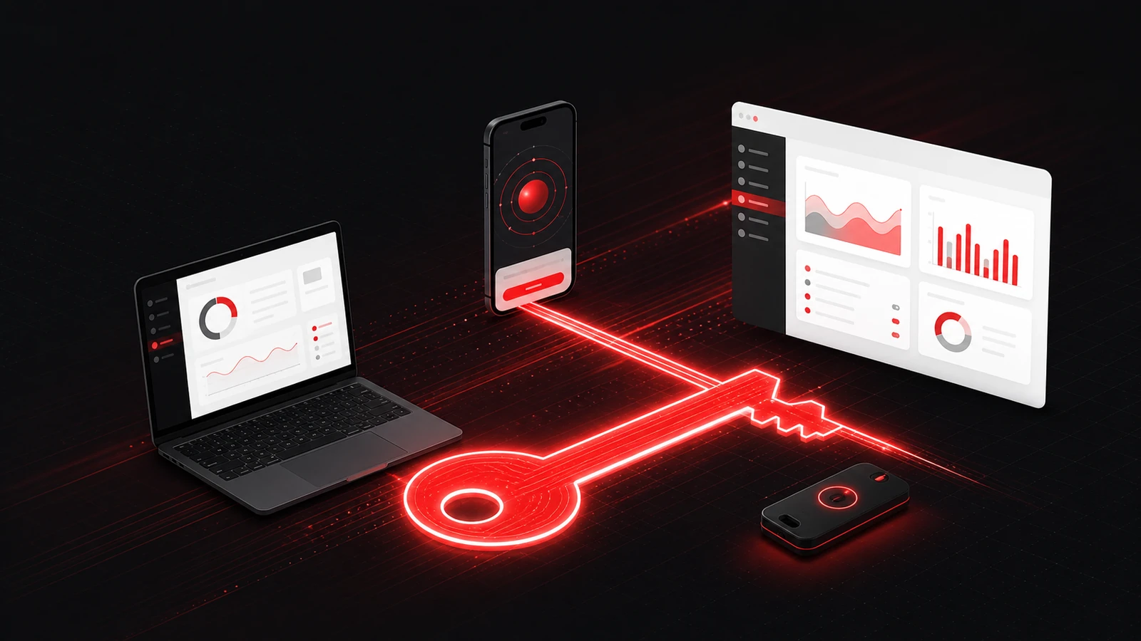 Abstract red key-shaped path connecting a company laptop, phone and security key on a black background
